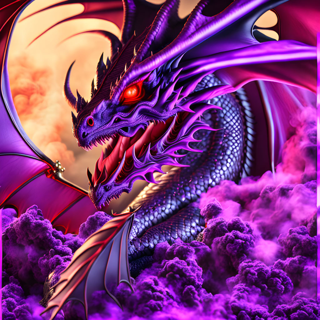 Purple dragon with extended wings in dramatic red sky