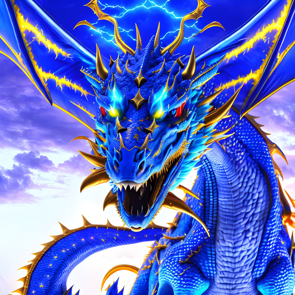 Blue Dragon with Yellow Accents and Electric Energy in Dramatic Sky