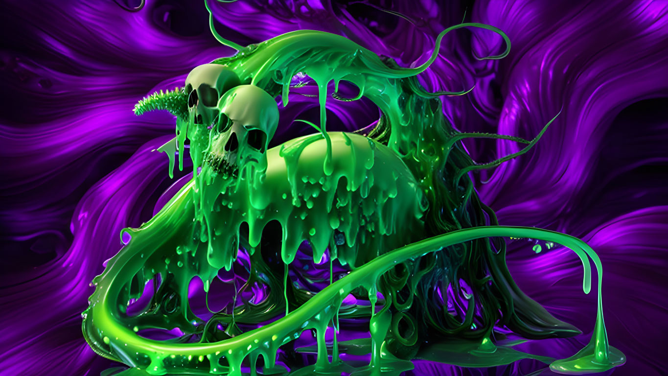 Digital artwork: Green goo, skulls, tendrils on purple background