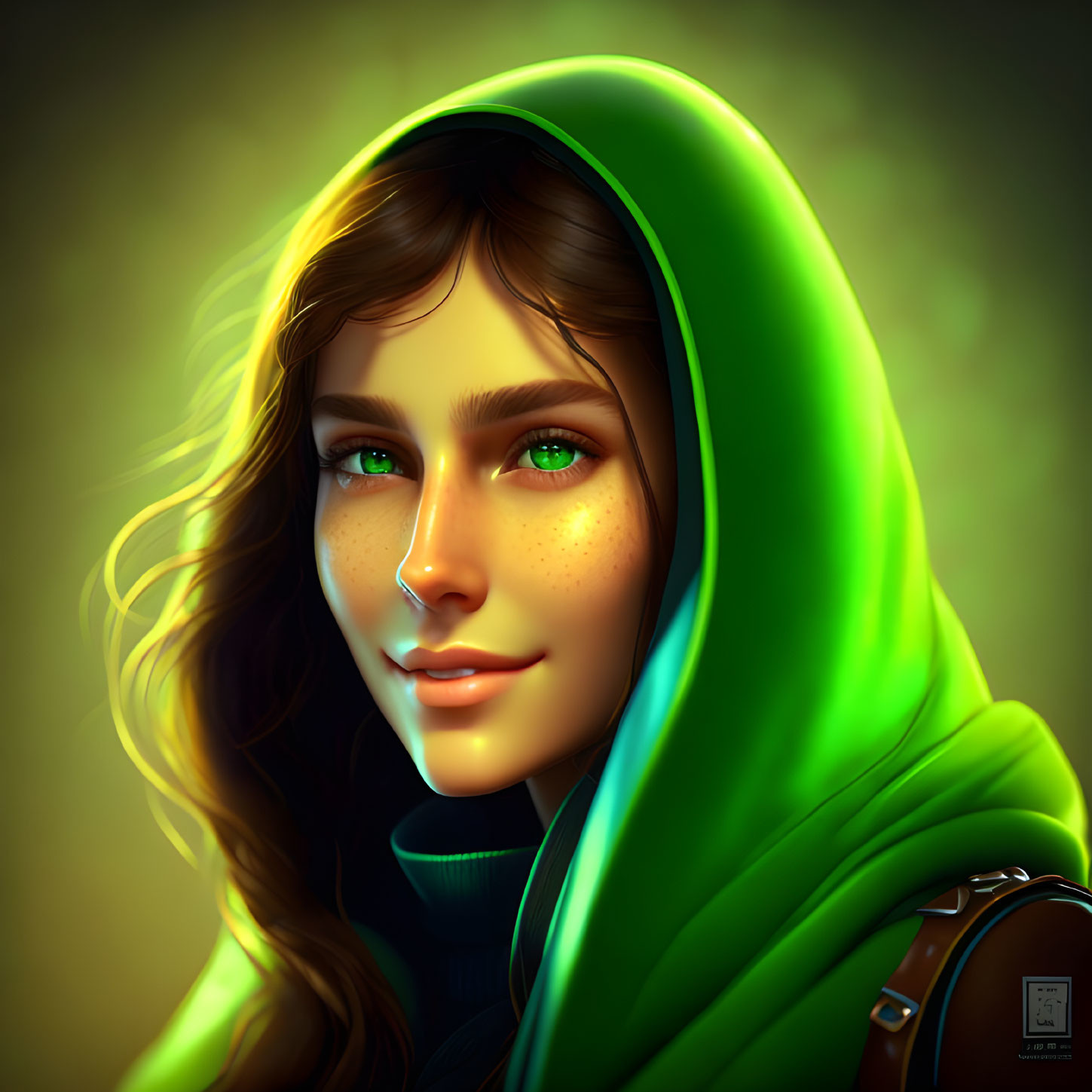 Young woman digital portrait: green hood, sparkling eyes, freckles, warm smile