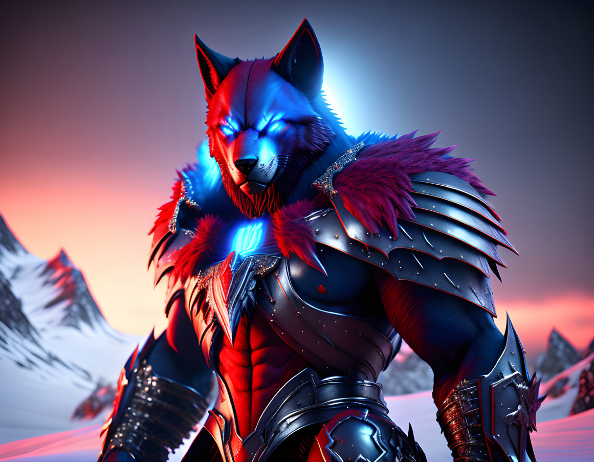 Anthropomorphic wolf warrior in futuristic armor on snowy mountain.