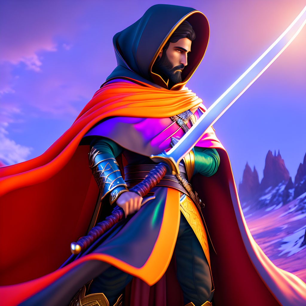 Bearded character with glowing sword in hooded cloak against mountain backdrop