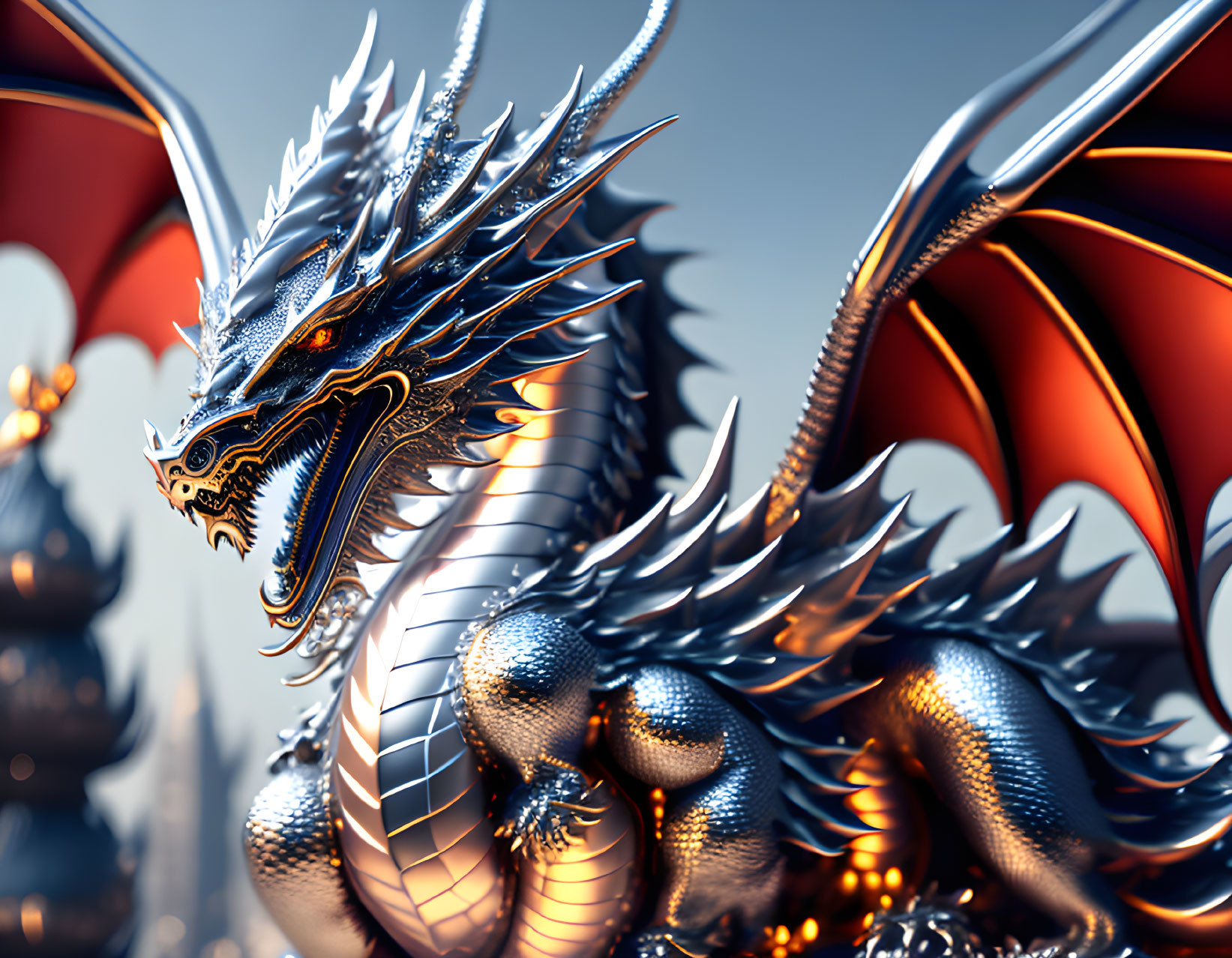 Detailed Metallic Dragon with Silver Scales and Red Wings Against Oriental Background