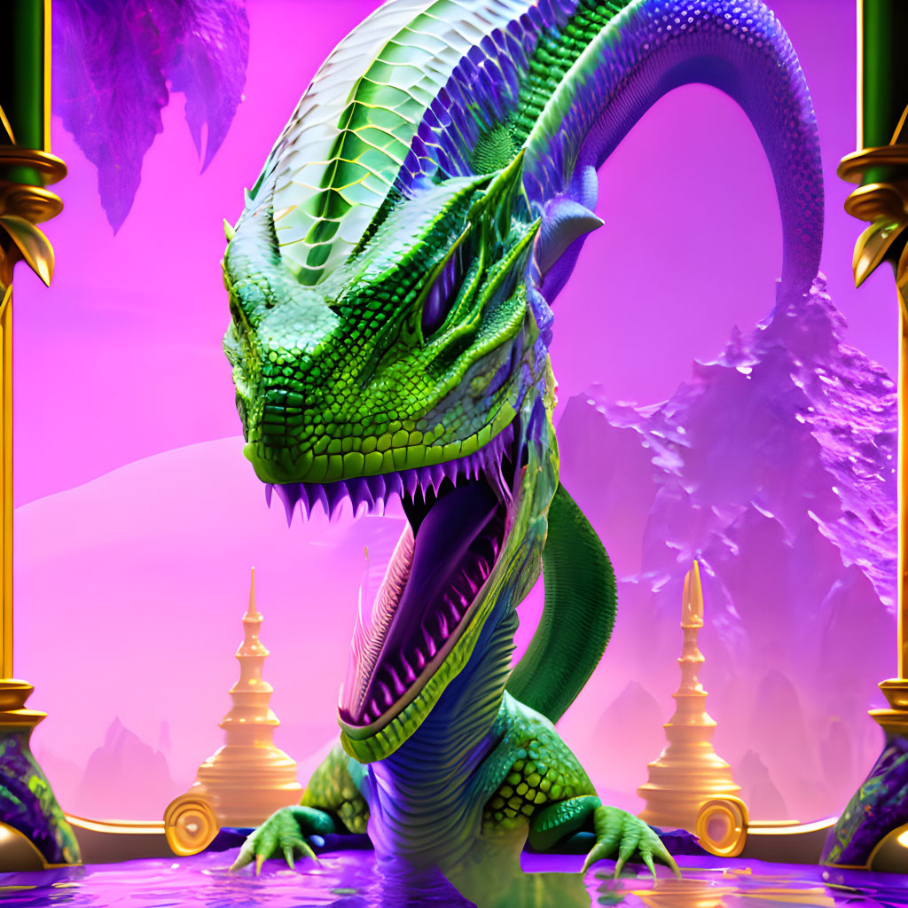 Vibrant green dragon with intricate scales in front of pink-purple backdrop.