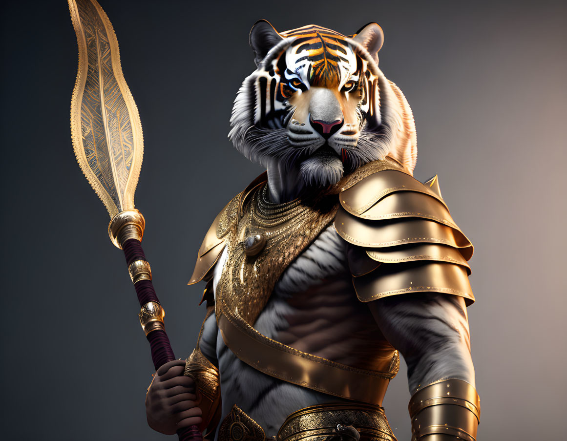 Golden-armored tiger warrior with staff against dark backdrop