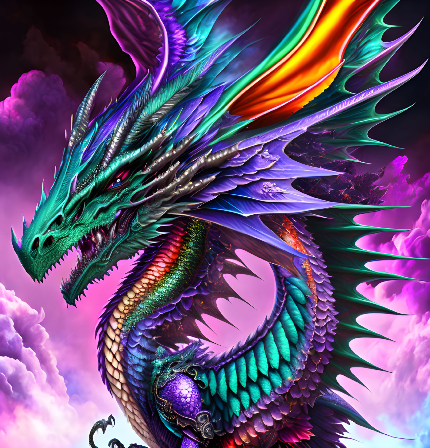 Colorful dragon with iridescent scales flying in purple clouds