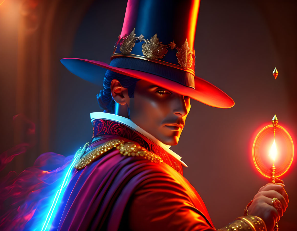 Mysterious man in red and gold costume with top hat and glowing scepter