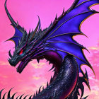 Fierce black and purple dragon with spikes and wings in pink sky