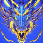 Detailed 3D illustration of multi-headed blue dragon with golden horns and sharp teeth