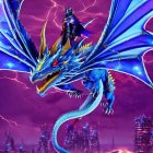 Blue dragon with golden spikes flying over city with armored rider under purple sky.