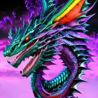 Colorful Dragon Artwork with Scales, Horns, and Red Eyes on Purple Background