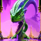 Vibrant green dragon with intricate scales in front of pink-purple backdrop.