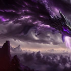 Purple dragon flying through stormy sky with lightning strikes