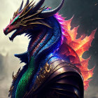 Iridescent blue dragon with fiery orange wings in stormy sky