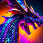 Dragon digital artwork: vibrant iridescent scales, golden horns, spread wings on orange-blue gradient.