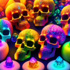 Colorful Skulls with Glowing Eyes and Gemstones on Dark Background