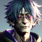 Stylized 3D rendering of elderly male character with grey hair and purple glasses