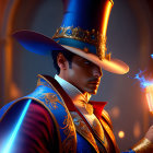 Victorian-style gentleman with magical orb in blue and gold outfit