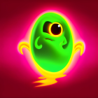 Green one-eyed character with arms and tail on pink background