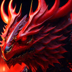 Detailed Red Dragon with Golden Patterns and Glowing Eyes on Dark Fiery Background