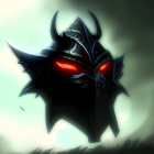 Sinister figure with glowing red eyes and sharp horns on dark backdrop