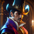 Mysterious man in red and gold costume with top hat and glowing scepter