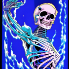 Digital artwork: Skeleton with golden skull and electricity on blue background