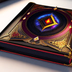 Luxurious ornate book with gold, red, and blue cover and gemstones on table