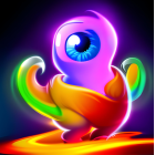 Colorful surreal creature with central eye and tentacles on luminous background