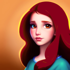 Digital artwork: Girl with large brown eyes, red hair, freckles, and red hood on