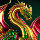 Golden dragon with red wings and green scales on dark green background