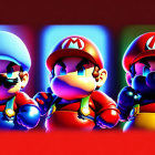 Iconic Nintendo character Mario in three vibrant illustrations with different expressions on red and blue gradient background