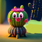 Whimsical animated cactus with large eyes and pink flowers in vibrant desert scene