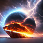 Dramatic sci-fi landscape with massive planet, lightning strikes, fiery clouds, rocky outcrop.