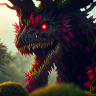 Menacing dragon with leafy scales in misty forest