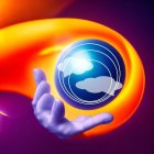 Surreal image: Hand holding circular portal with sunny sky and fiery orange clouds on purple background