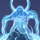 Blue spectral figure with skull head & multiple arms in sparks & energy.