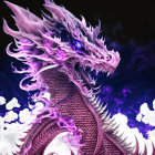 Purple Dragon with Blue Eyes in Clouds and Flames