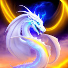 White Dragon with Blue Accents in Fiery Orange and Deep Purple Swirls