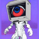 Muscular robot with computer monitor head and detailed eyeball display