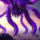 Purple octopus-like creature with multiple eyes and tentacles in alien landscape