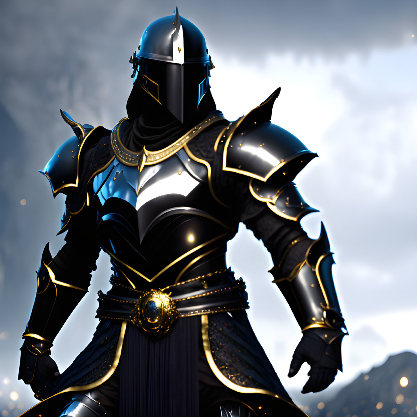 Ornate Black Armor Knight Under Dramatic Sky