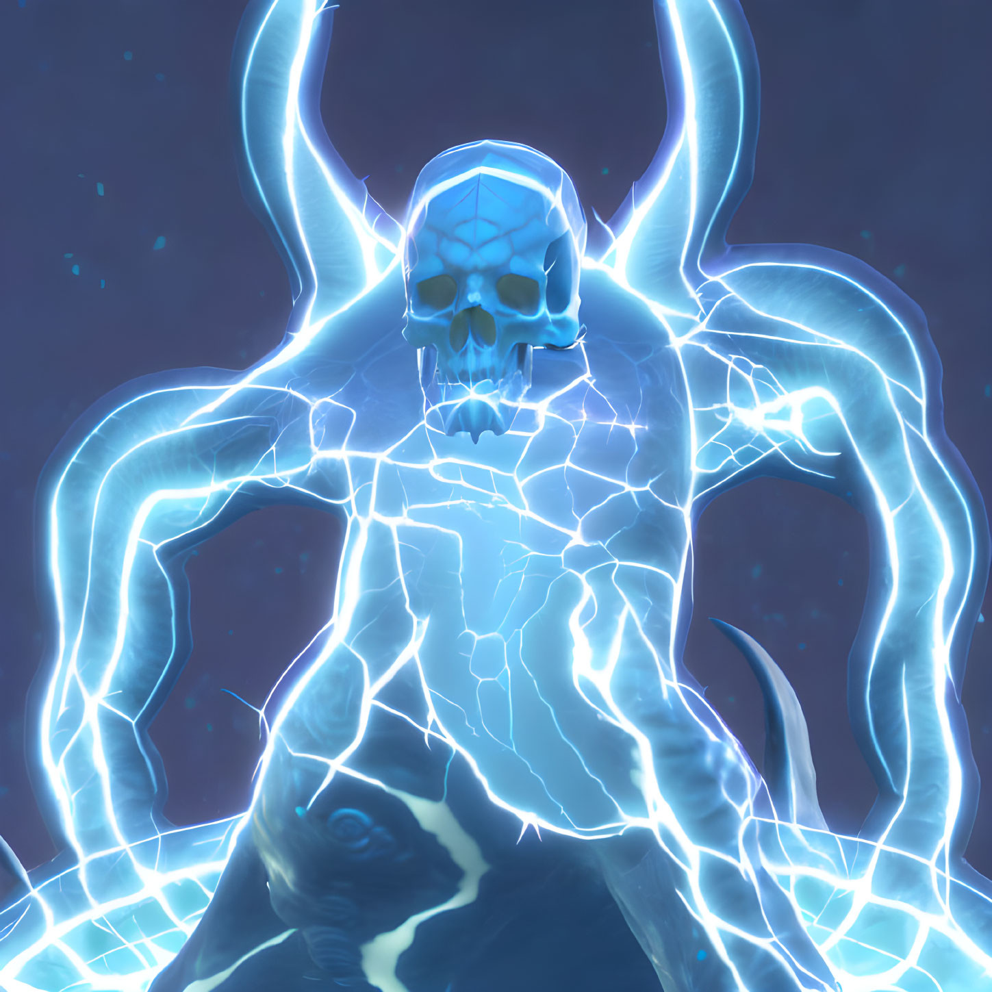 Blue spectral figure with skull head & multiple arms in sparks & energy.