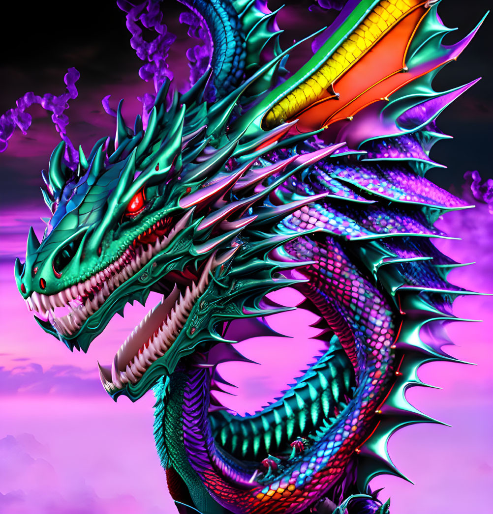 Colorful Dragon Artwork with Scales, Horns, and Red Eyes on Purple Background