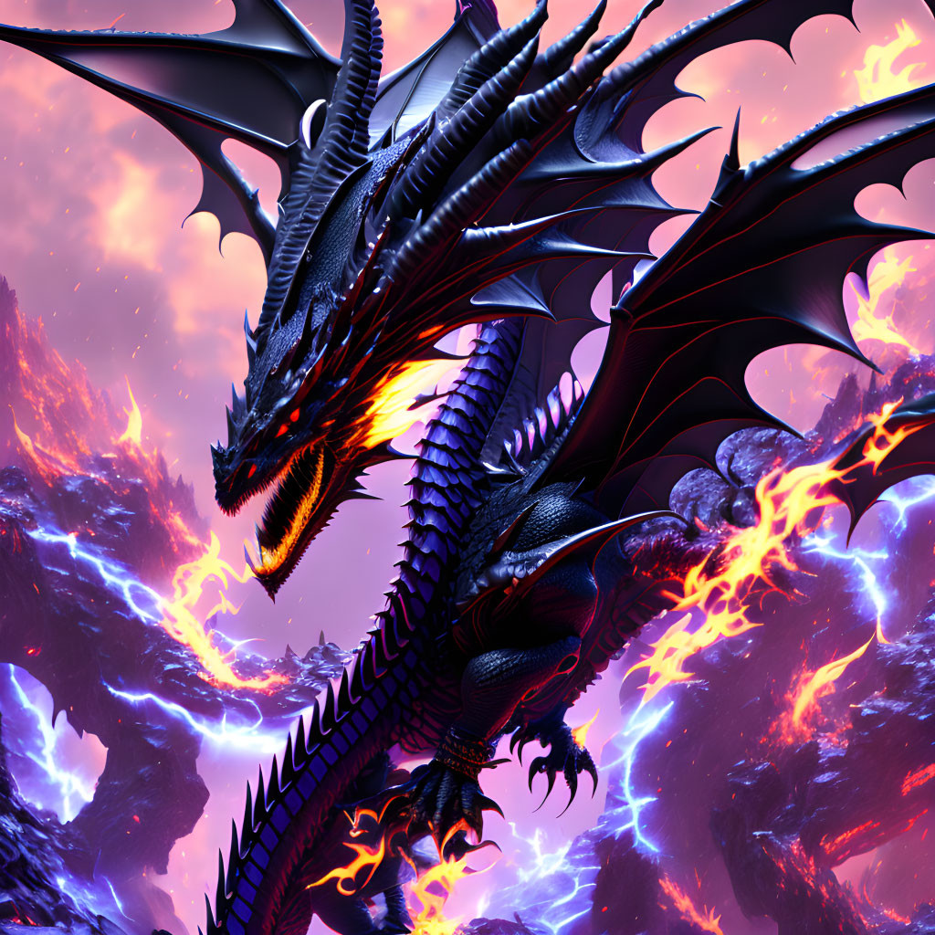 Black Dragon Breathing Fire in Purple Clouds & Blue Flames