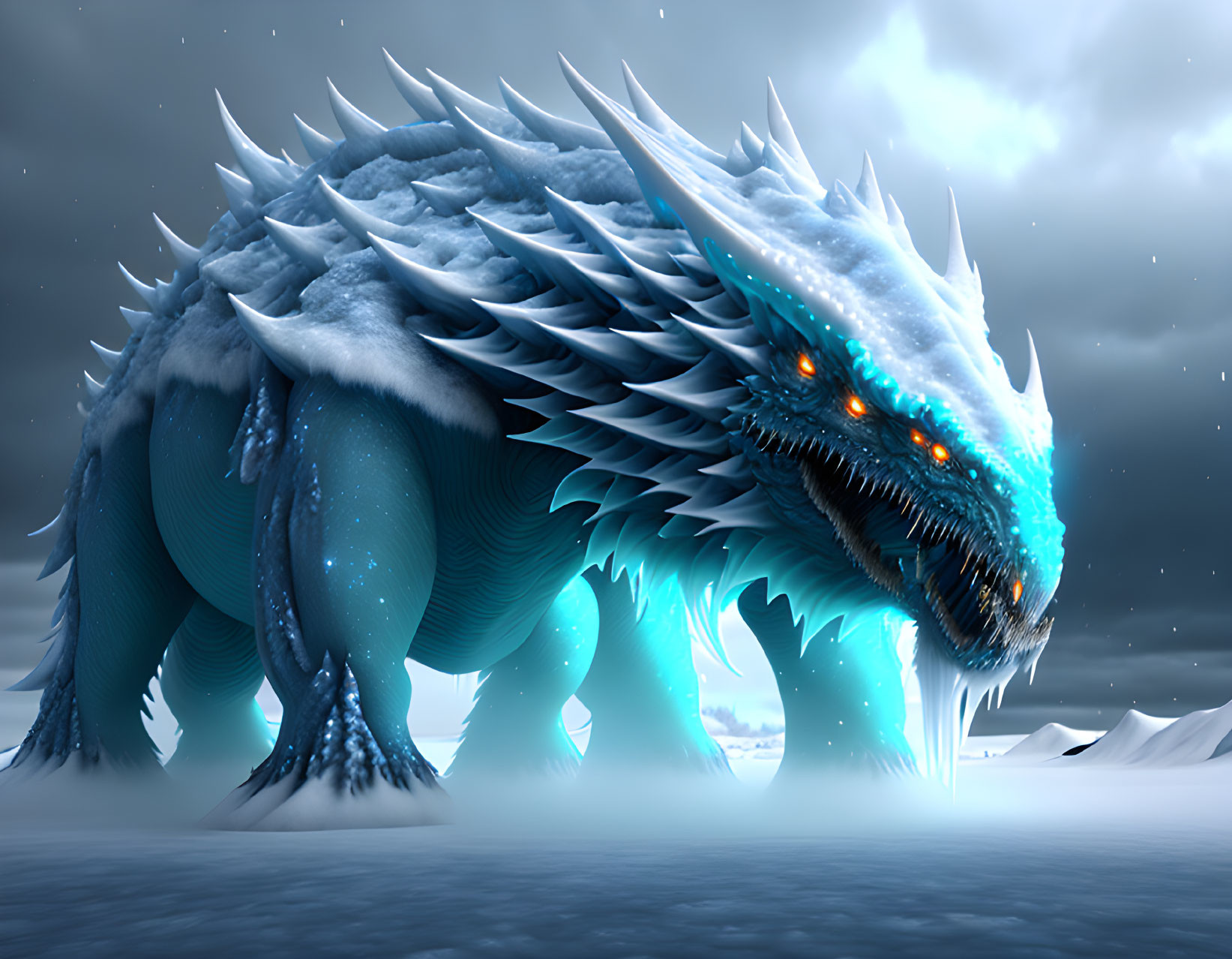 Majestic ice dragon with orange eyes and blue scales in snowy landscape