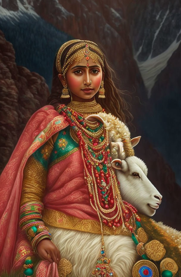 Traditional Indian Attire Woman with Sheep in Mountainous Setting