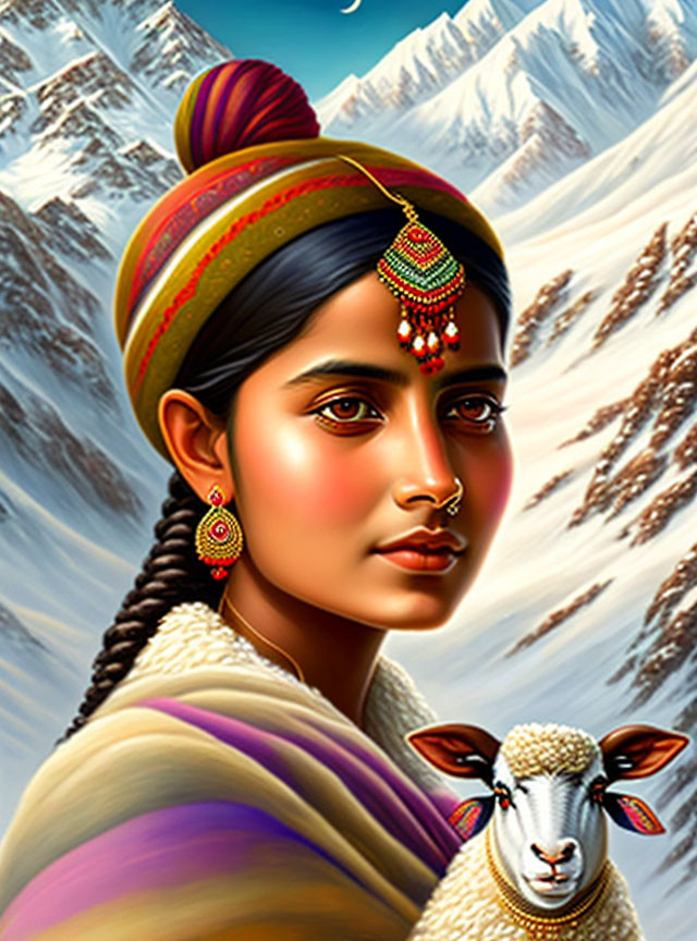 Traditional South Asian Woman with Sheep in Snowy Mountain Scene