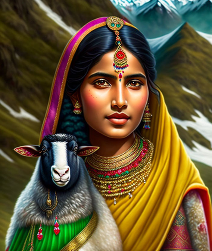 Illustration of woman in traditional Indian attire with sheep in mountainous setting