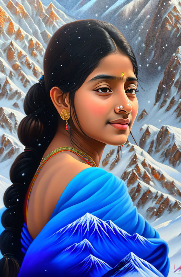 Young woman in blue traditional attire with gold jewelry against mountain backdrop